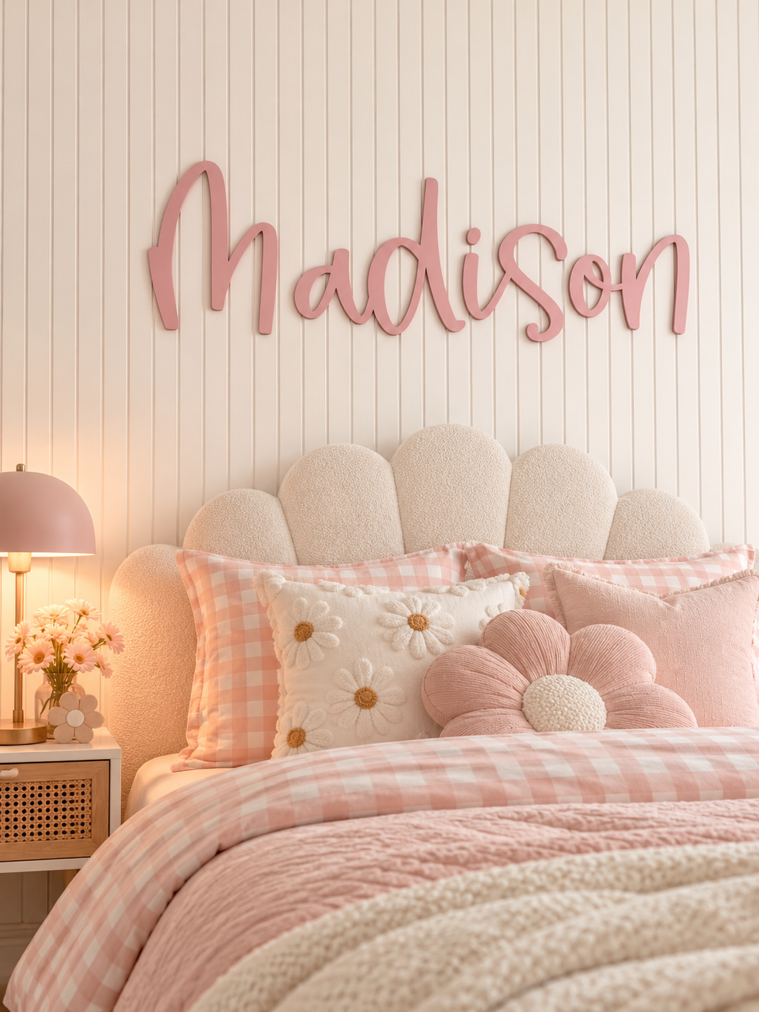 A cozy bedroom scene with a pink and cream bedding set, decorative pillows including a daisy and flower motif, a scalloped cream headboard, and a pink wall sign reading 'Madison' above.