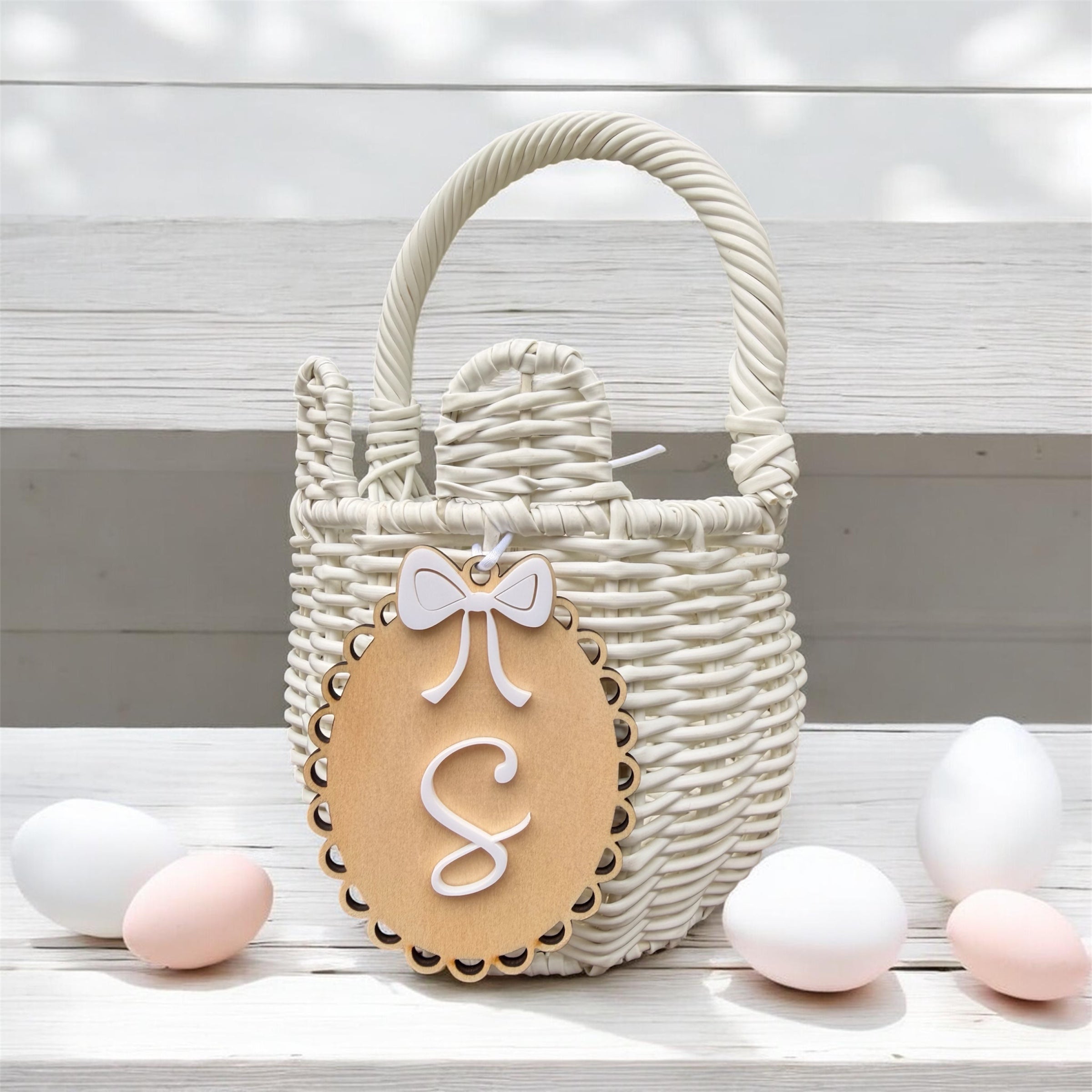 Personalised Easter basket tag with custom initial, bow and scalloped edge. Beautiful layered timber keepsake for Easter baskets & egg hunts