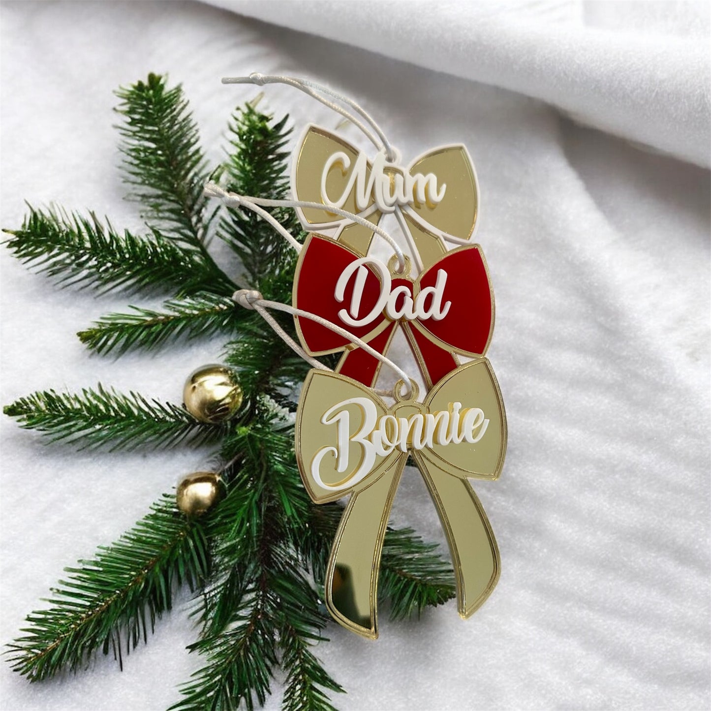 Personalised gold themed bow ornaments