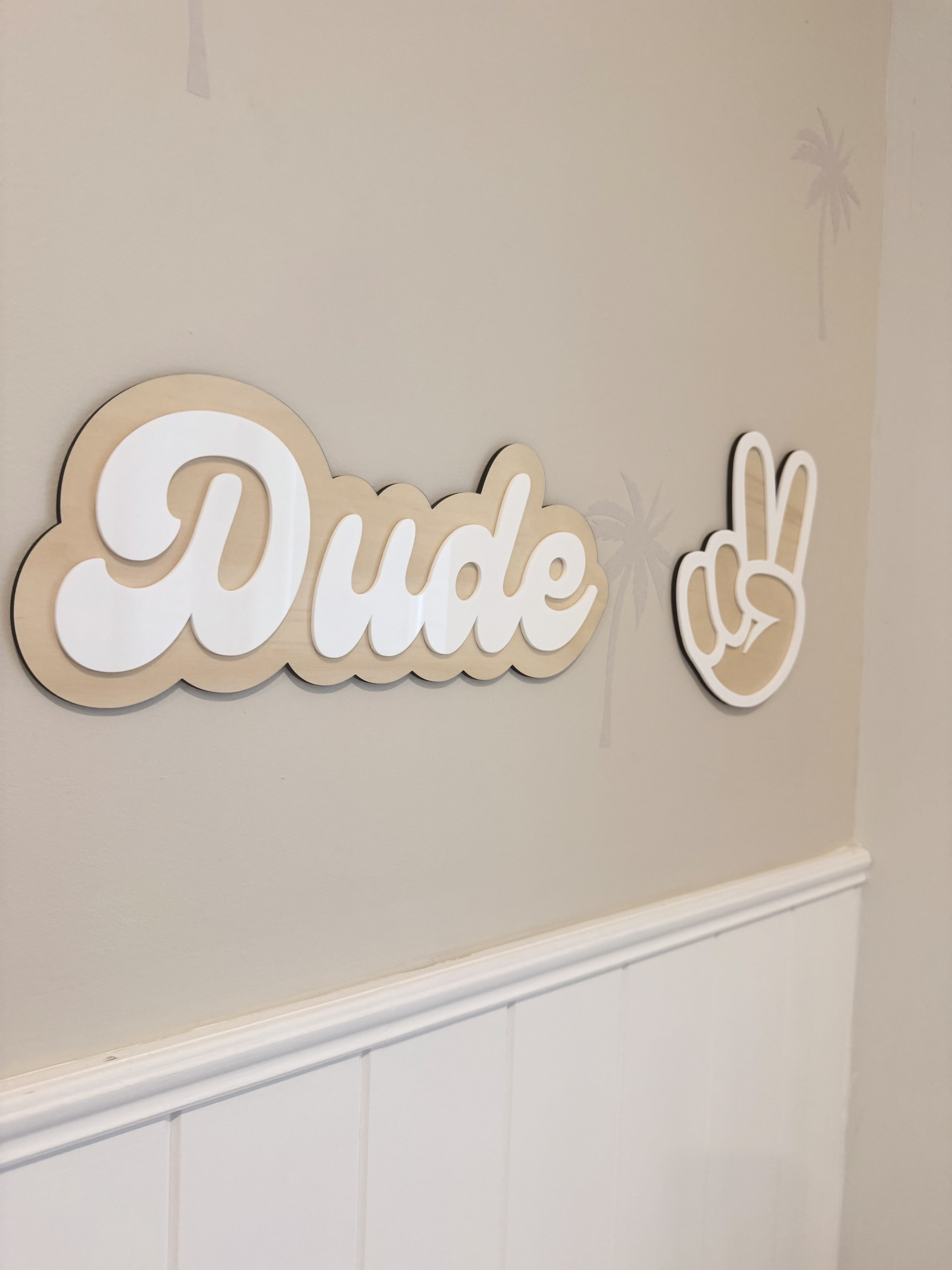 Dude and peace sign wall art on timber with white acrylic