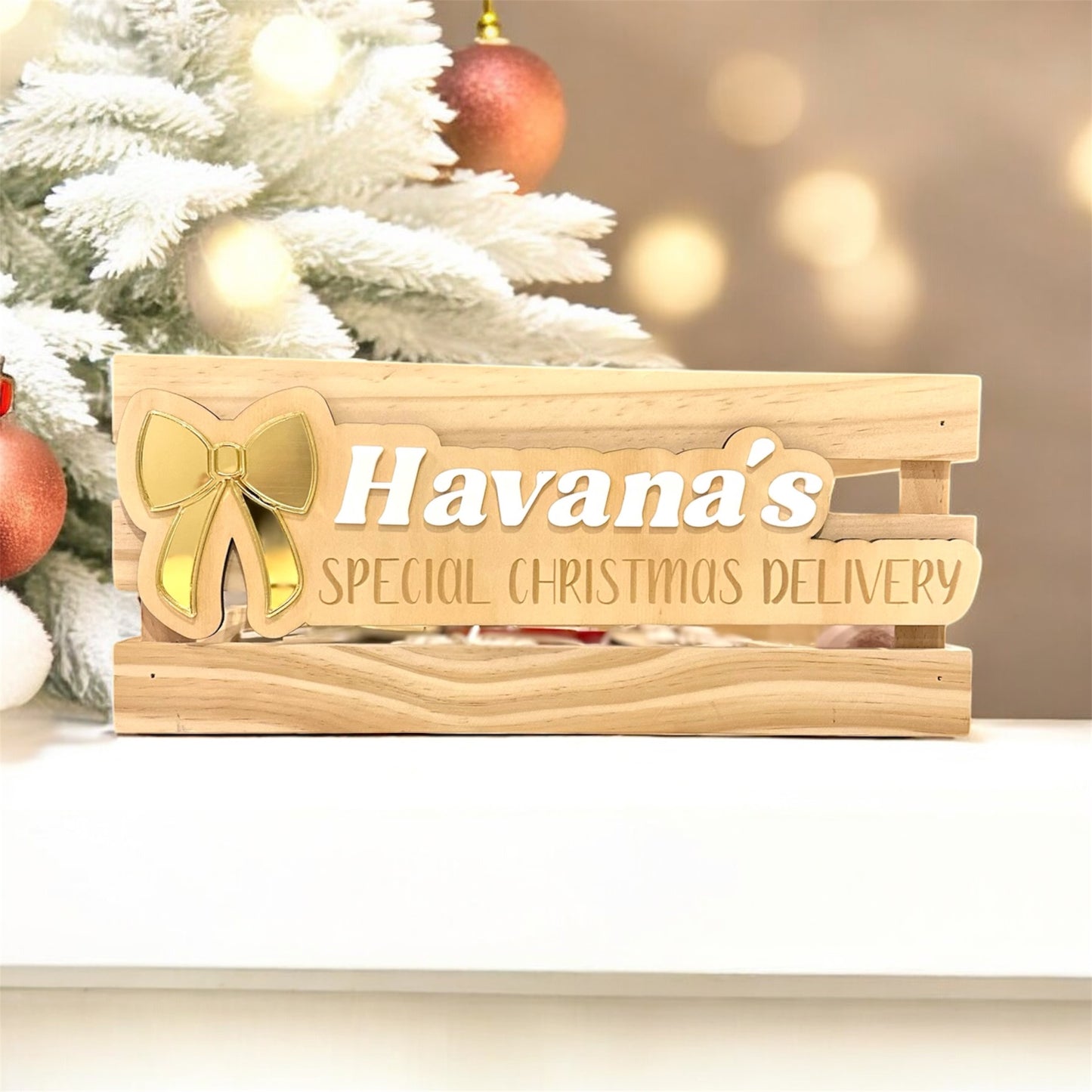 Christmas Bow Personalised Christmas Crate Plaque - Christmas Eve or 1st December box
