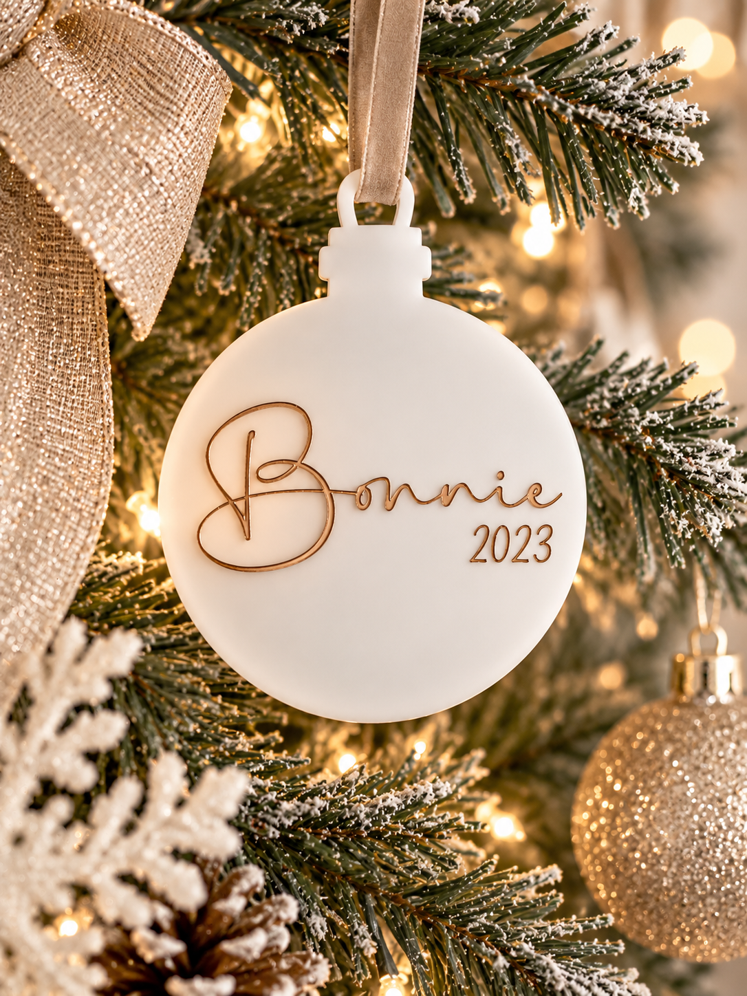 A round white christmas bauble engraved with Bonnie 2023 on it and painted in Gold with a nice ribbon