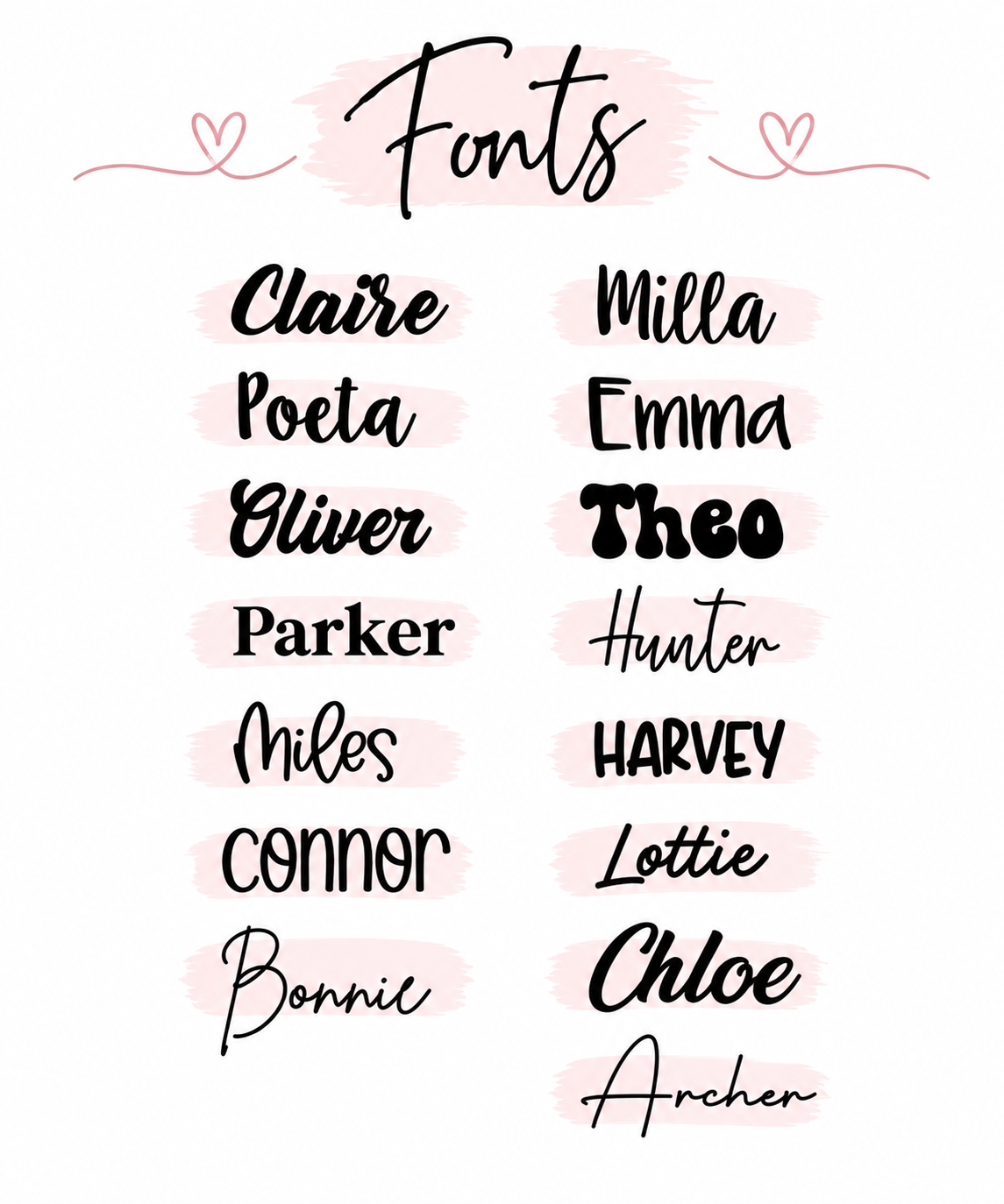 A list of names demonstrating different fonts.