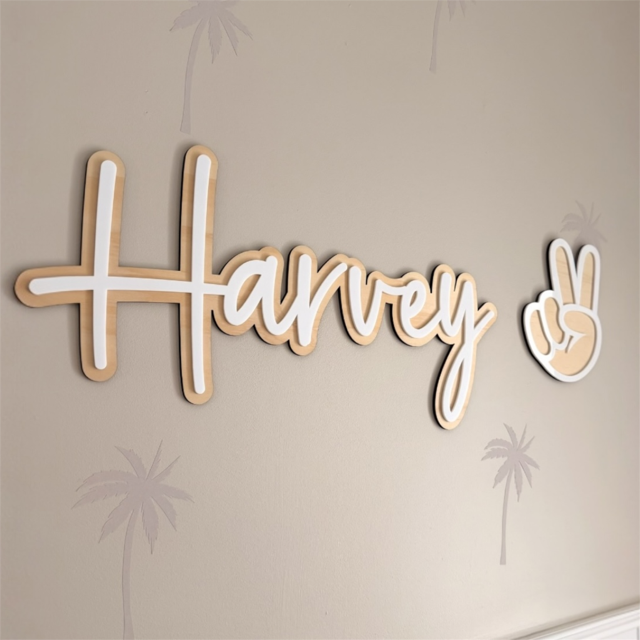 personalised timber name sign white acrylic lettering nursery decor name Harvey on a beige background