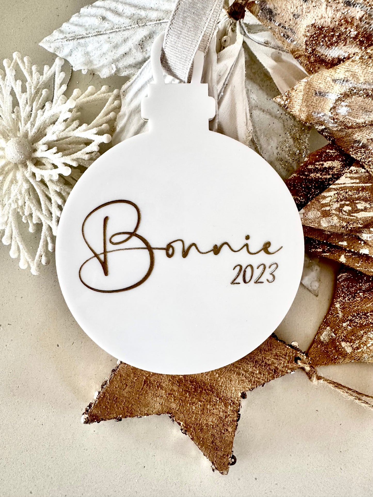 white and gold christmas bauble