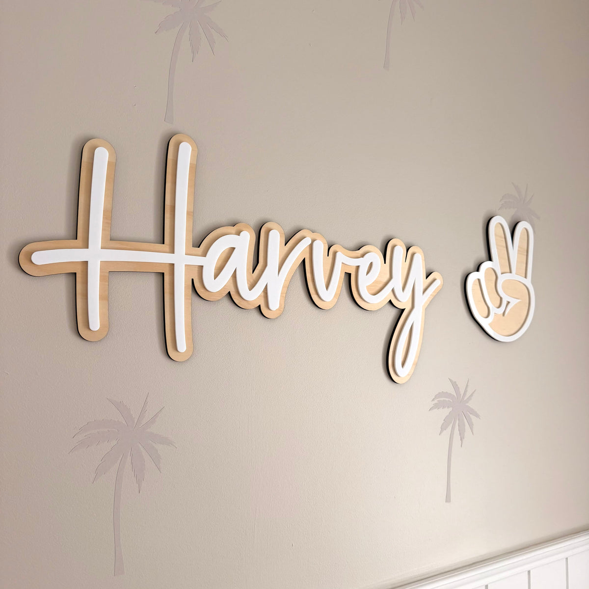 personalised timber name sign white acrylic lettering nursery decor name Harvey on a beige background