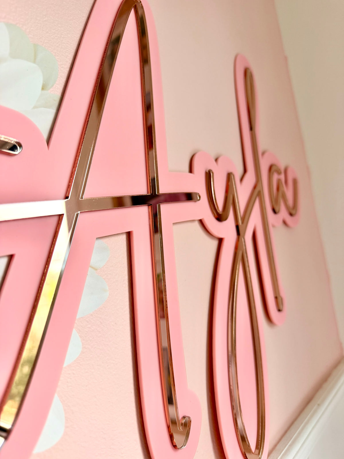 A close up of Ayla on a blush pink back ground and Mirror Gold Ayla letters