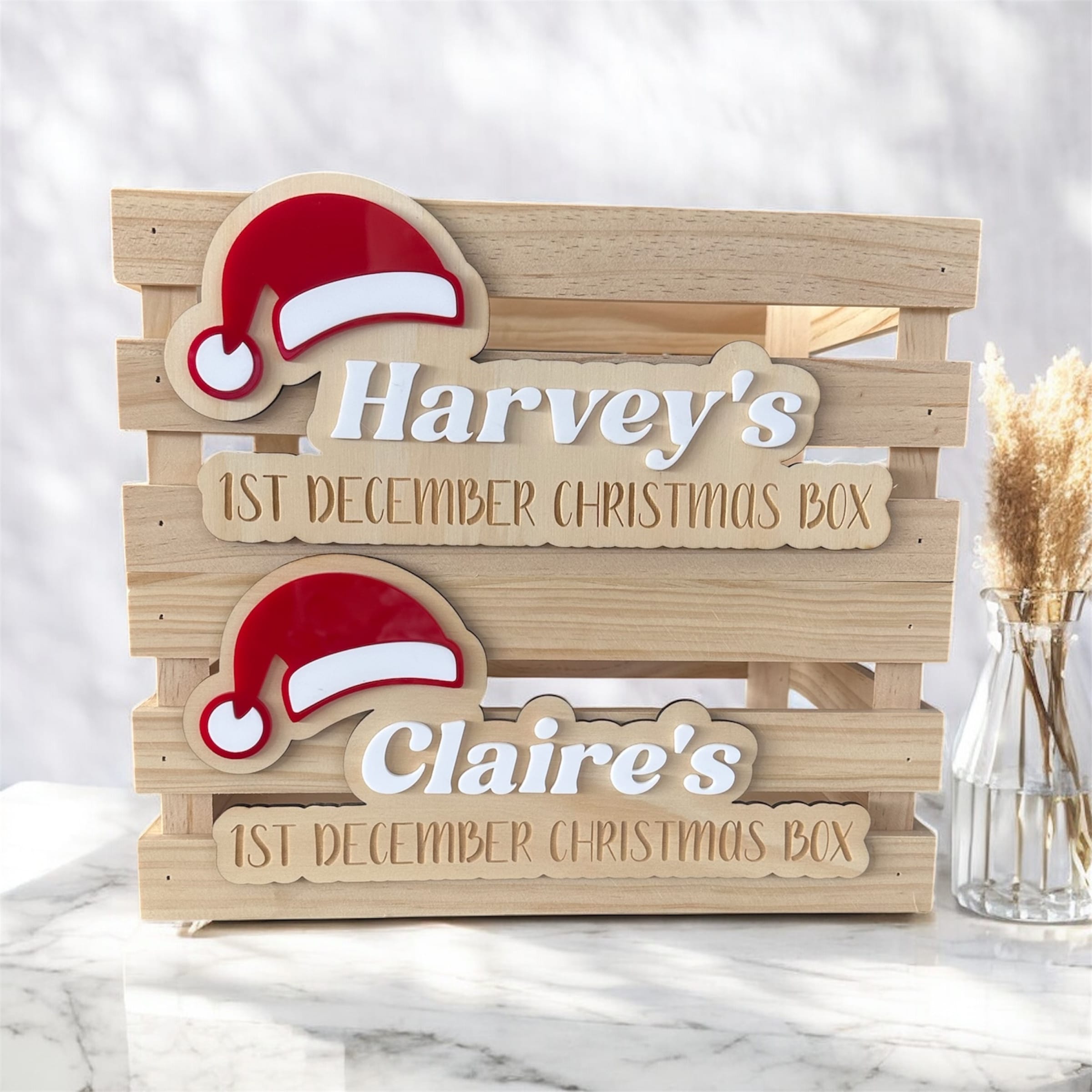 personalised wooden christmas box with personalised plaque