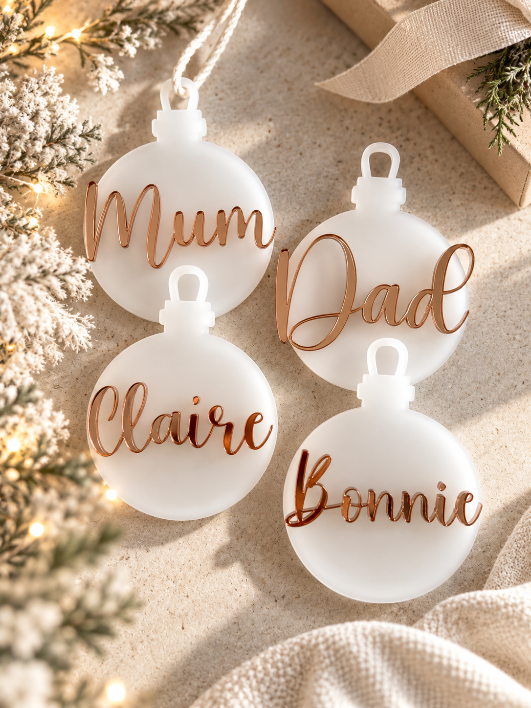 Four frosted white round Christmas ornaments with Rose Gold Mirror script names reading 'Mum', 'Dad', 'Claire', and 'Bonnie', arranged on a beige textured surface with holiday greenery and warm string lights.