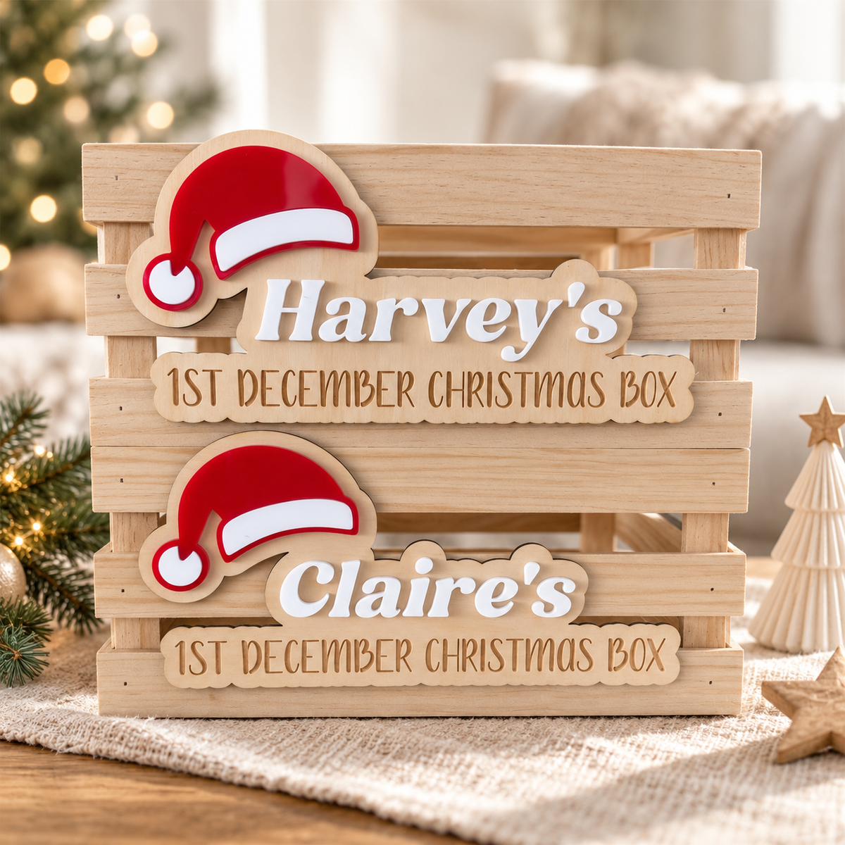Personalised wooden crate with Red Santa Hat and and Child's name with engraved 1st December Christmas Box