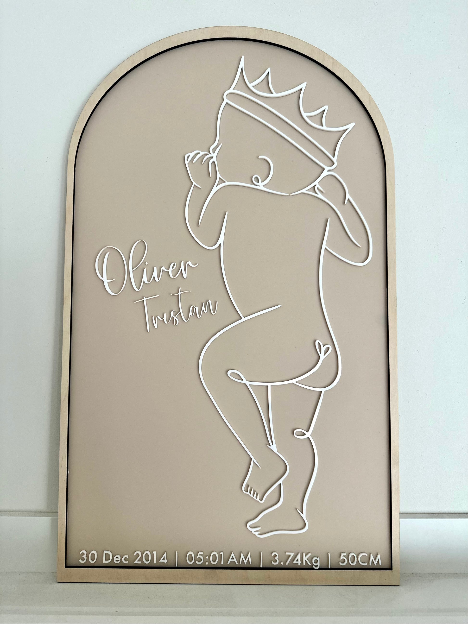1:1 scale Birth Plaque in beige with timber border