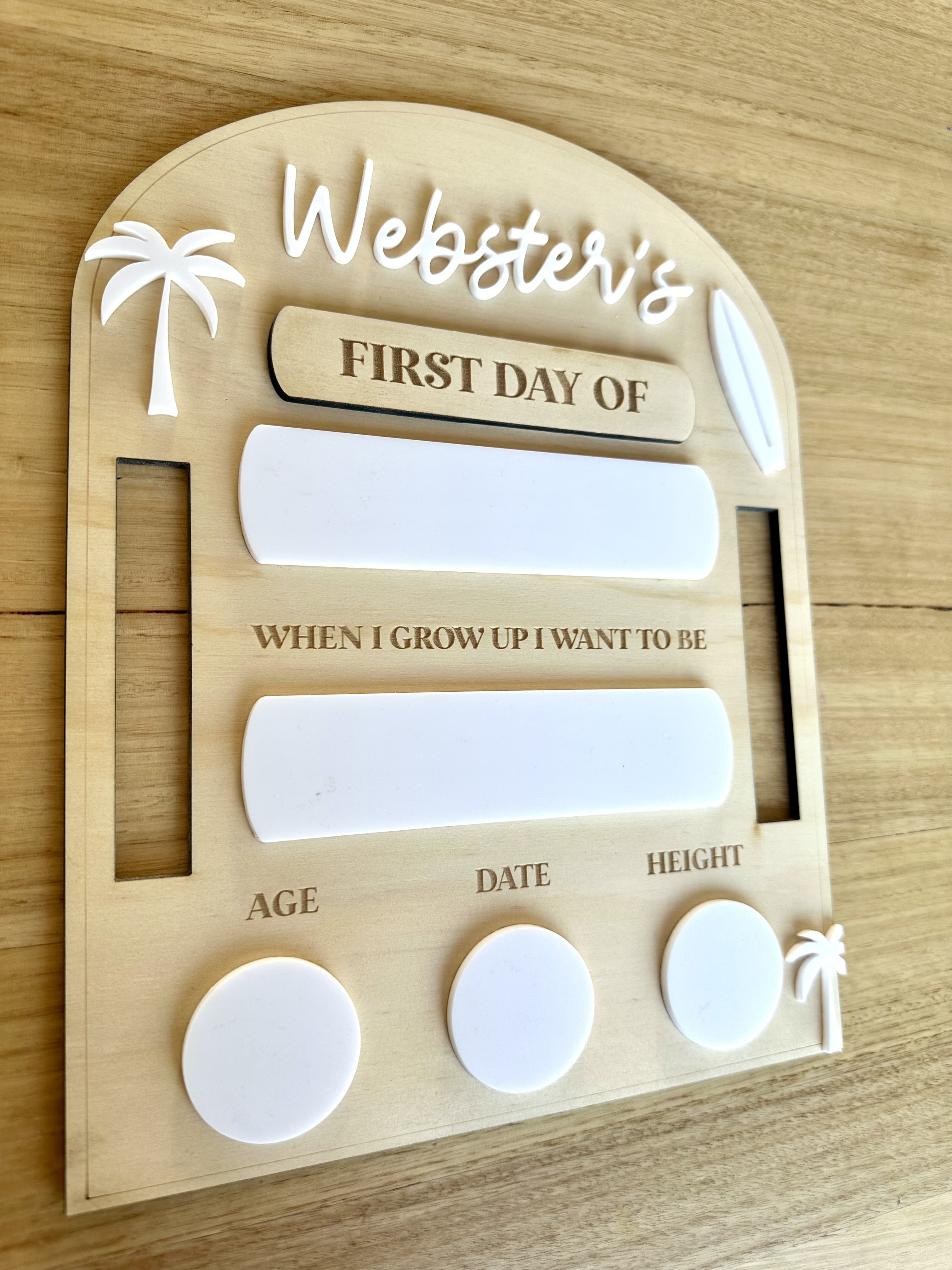 First and last day engraved board with coastal theme