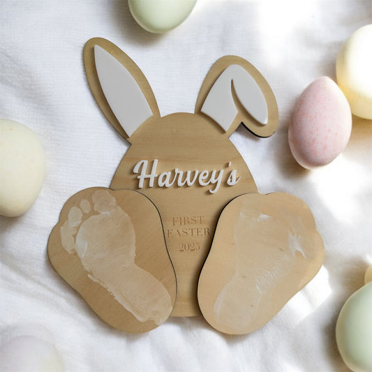 Personalised First Easter footprint bunny timber keepsake with baby footprint panels and acrylic name.