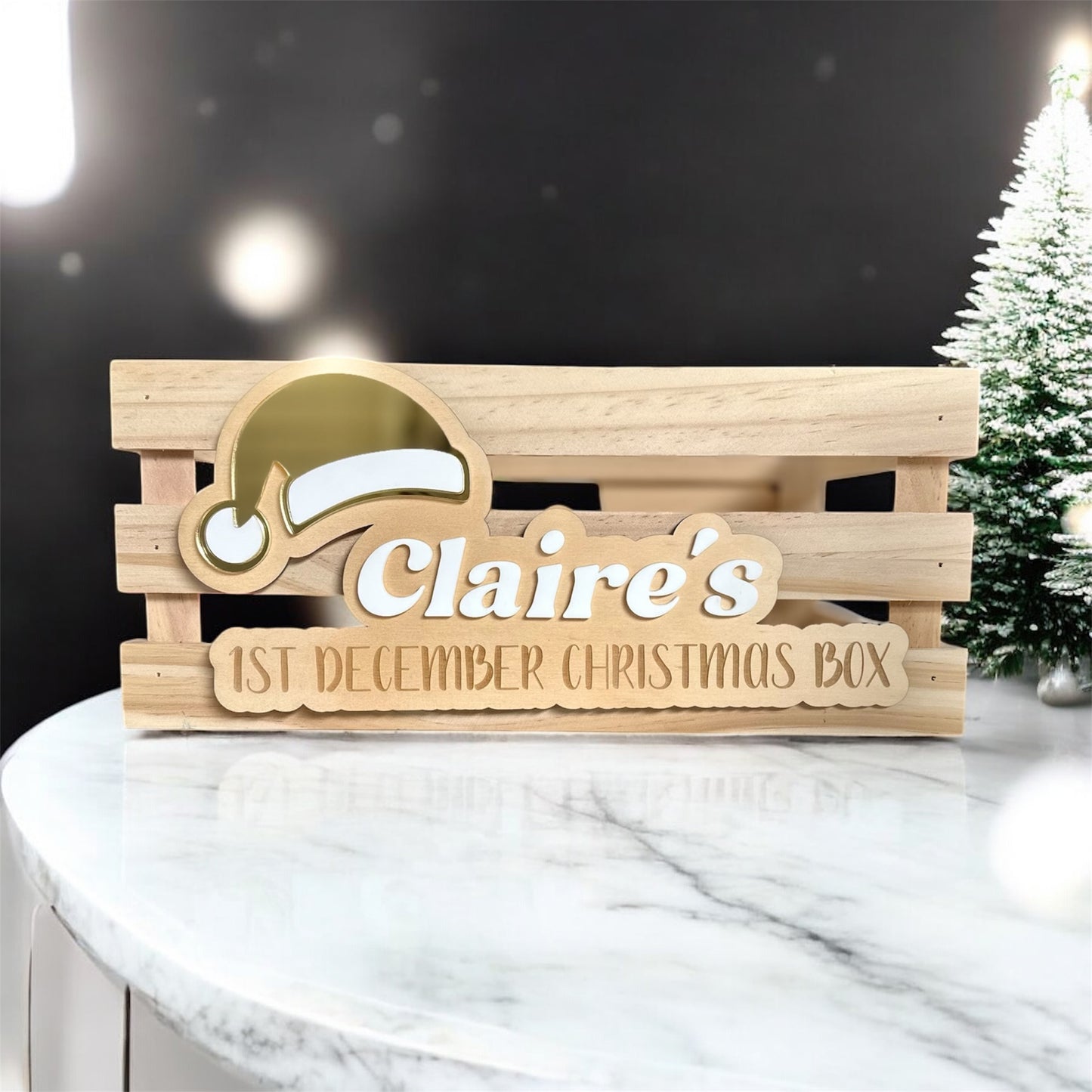 Wooden crate with personalised plaque that says 1st December Christmas Box, Christmas Eve Box or Special Christmas Delivery