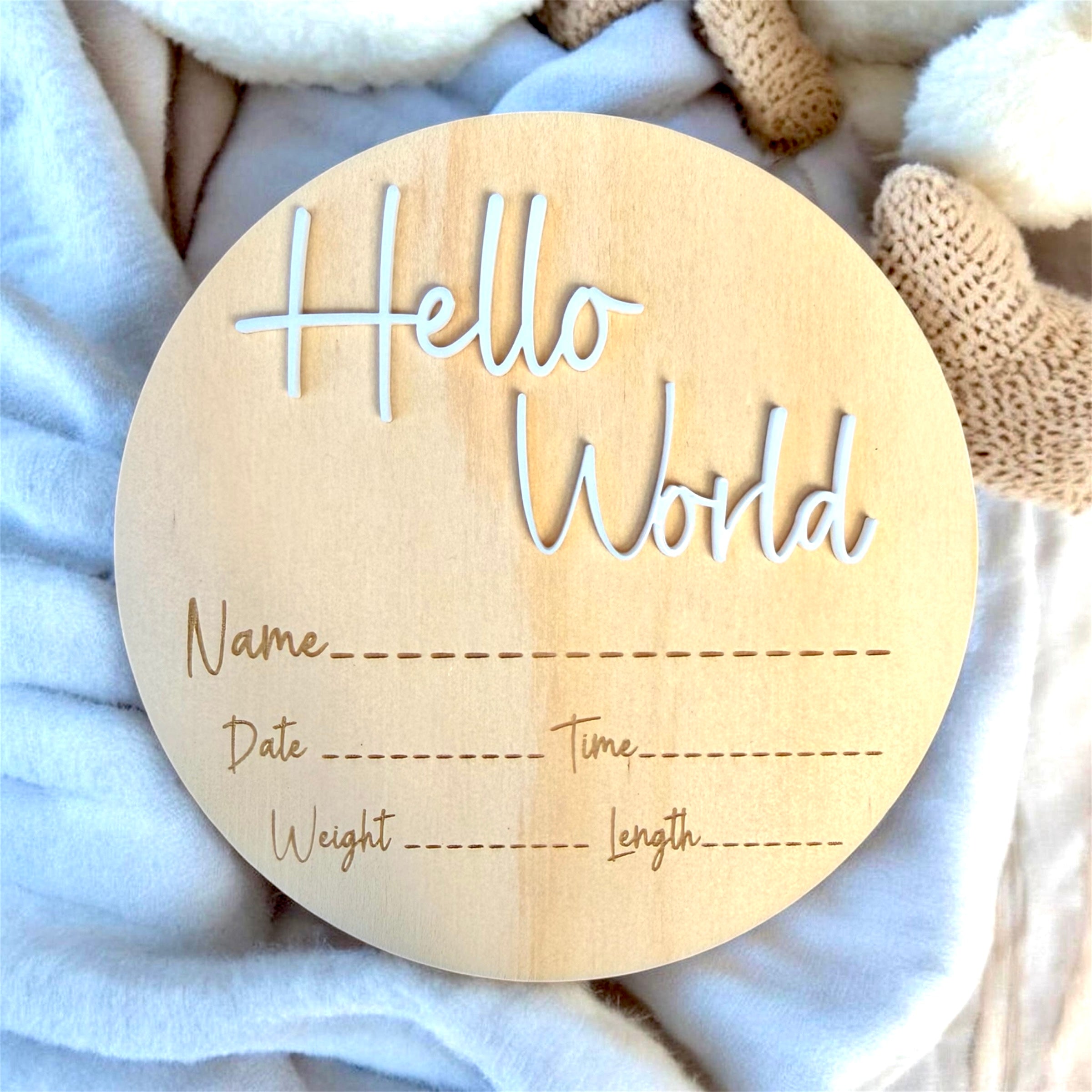 Hello World round disc with birth details