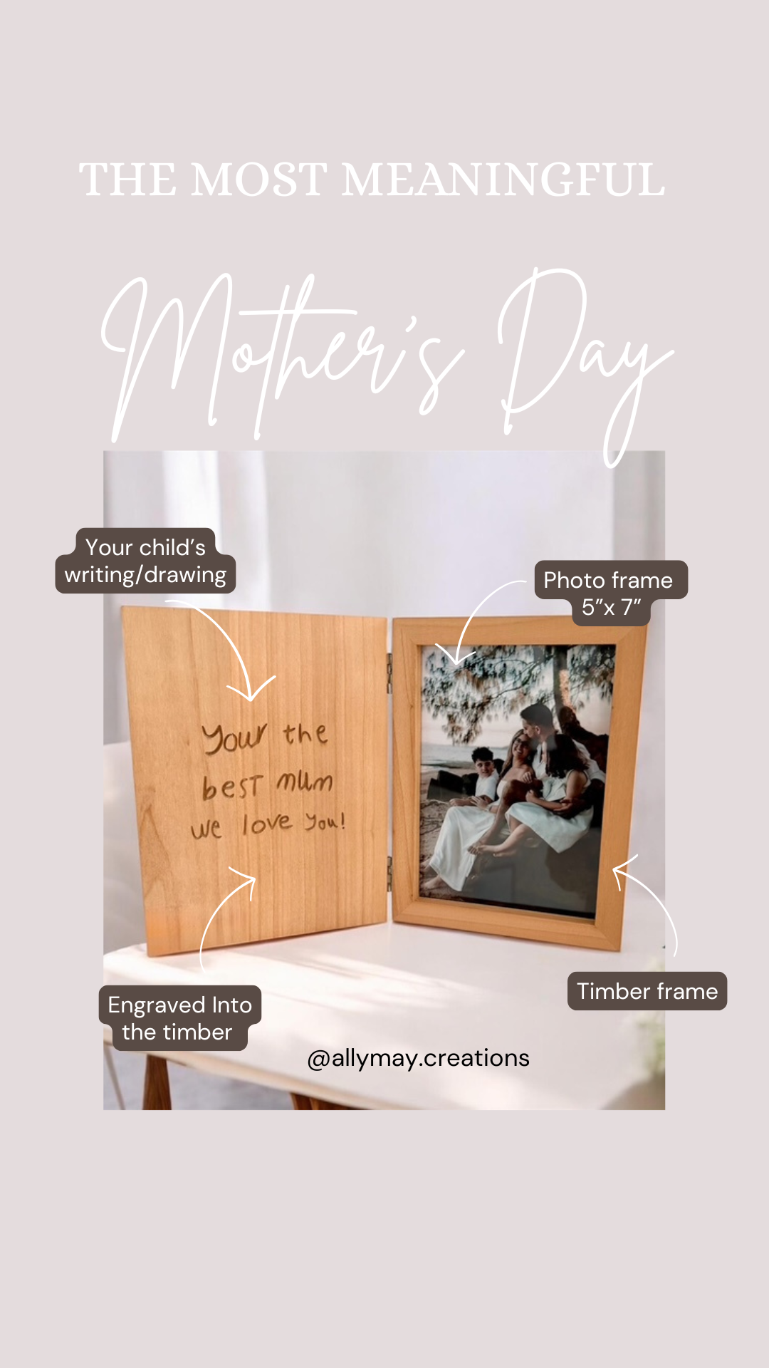 Wooden frame for mothers day with child's drawing personlisation details 