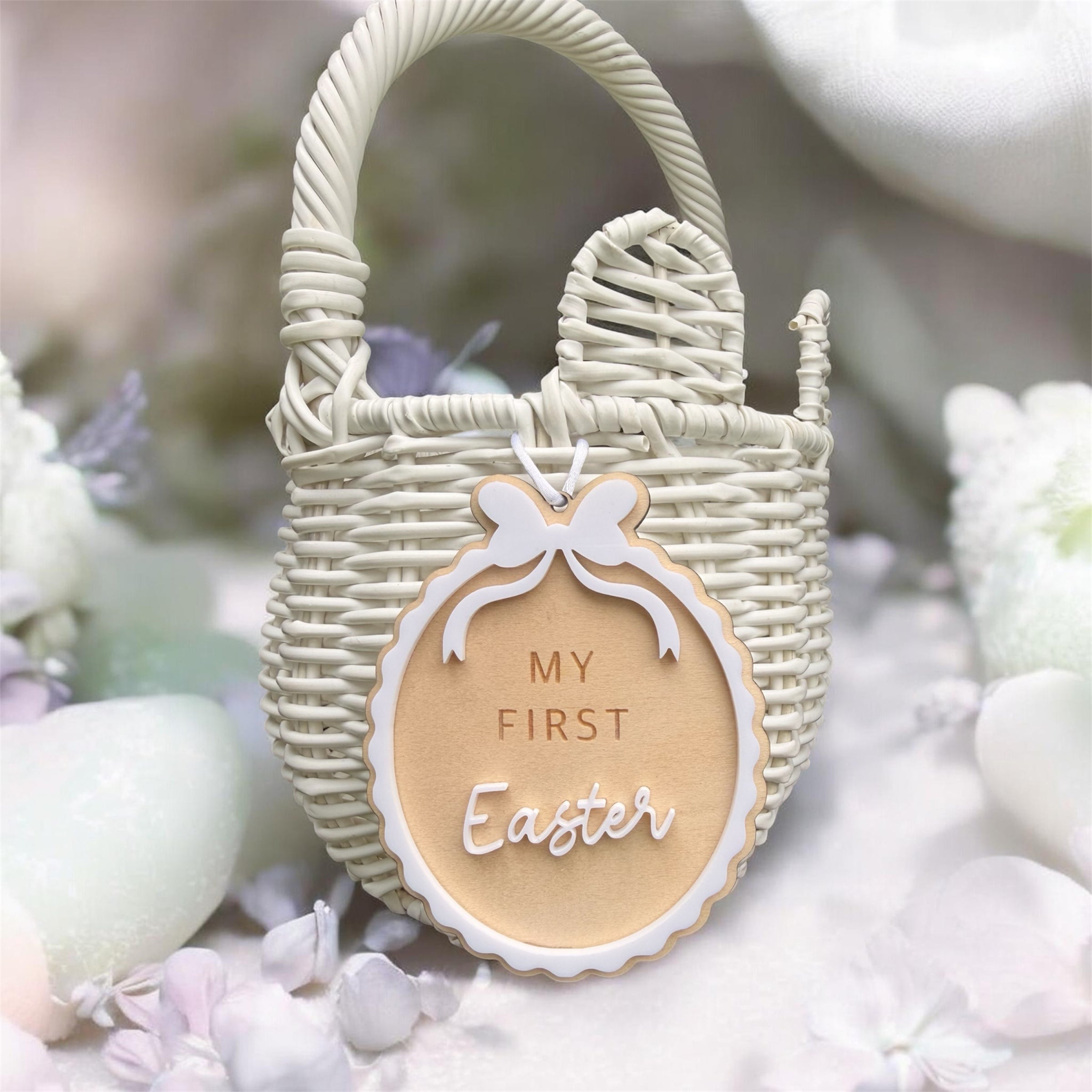 My First Easter White bow hanging on a white basket