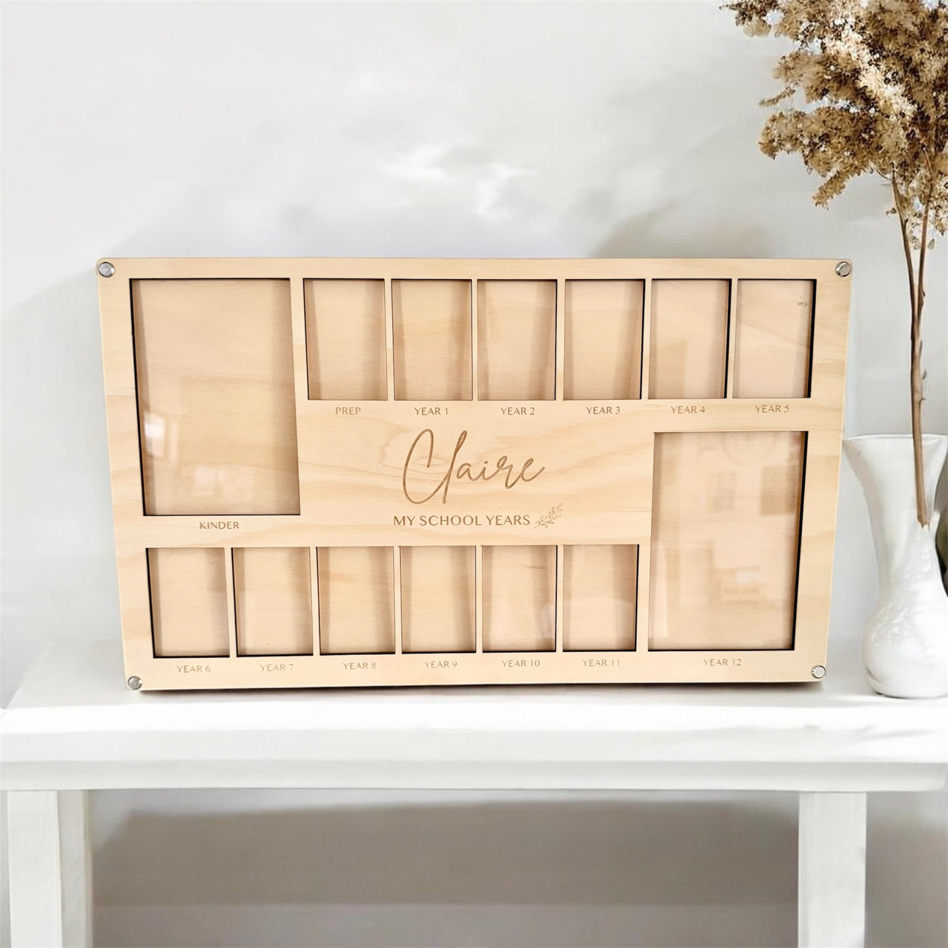 Personalised timber school years photo frame kinder to year 12 with recessed photo windows and clear acrylic layer