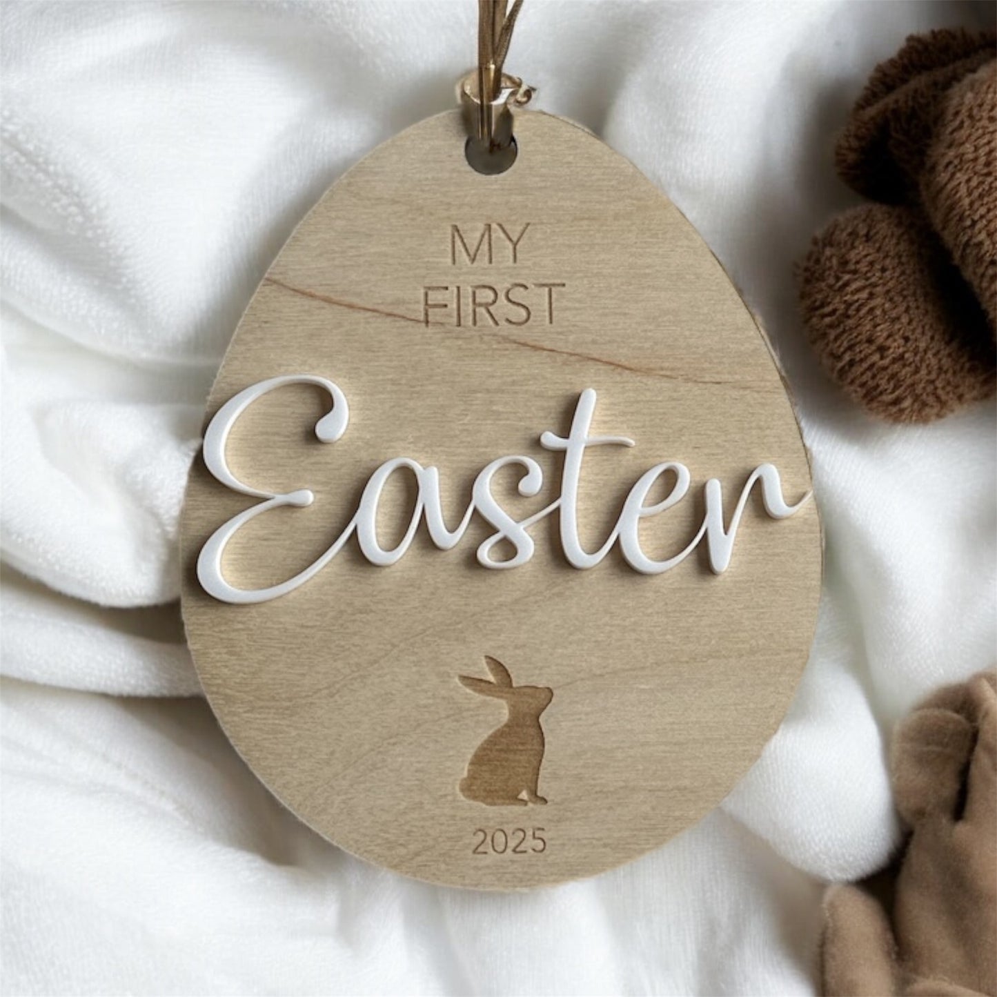 My First Easter timber keepsake tag with raised acrylic name and engraved bunny design