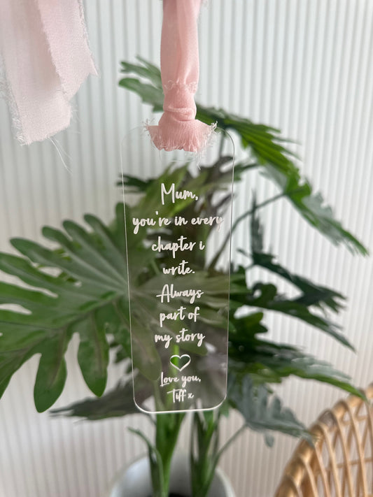Mum quote bookmark with personalised name, engraved on clear acrylic with blush ribbon