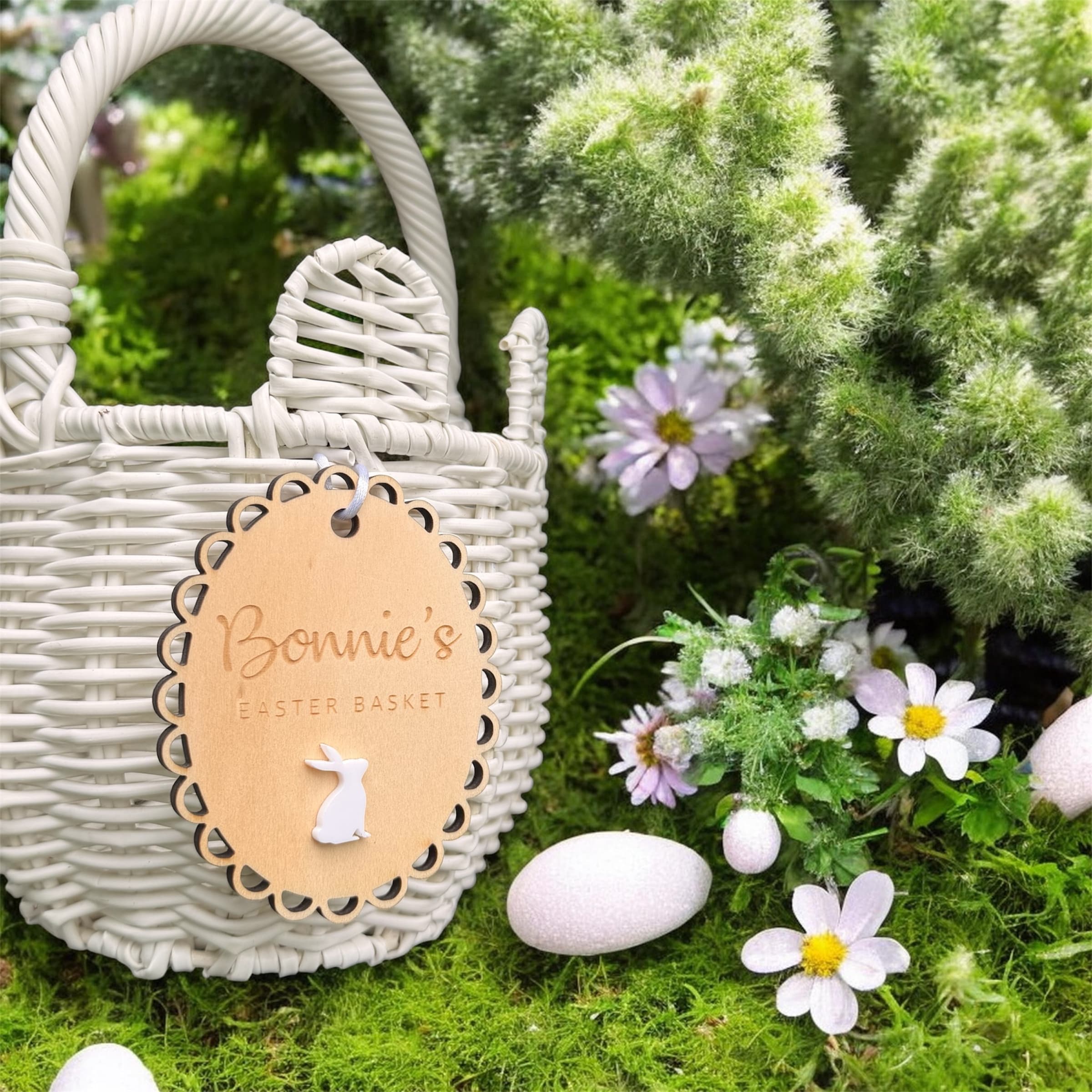 Personalised Easter basket tag with scalloped edge and white bunny detail attached to woven basket, custom wooden Easter name plaque for kids.