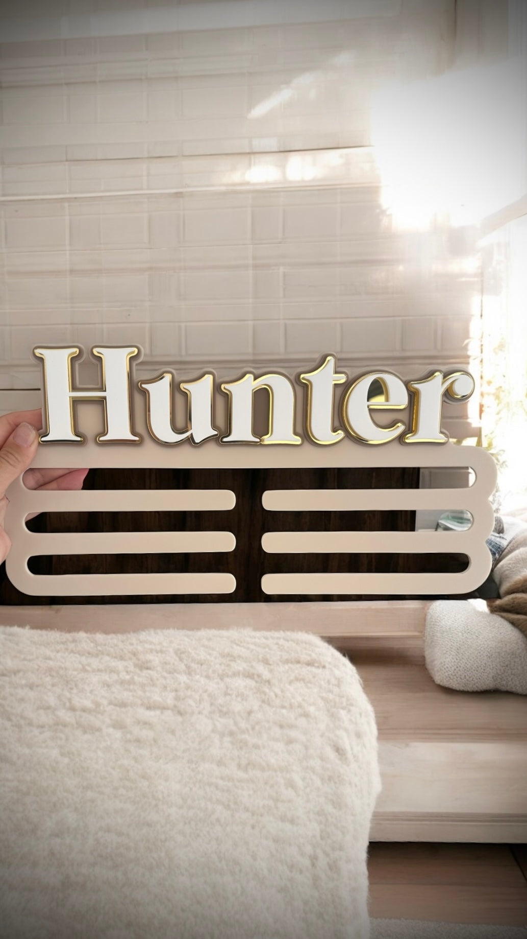 Layered acrylic personalised medal holder for kids bedroom