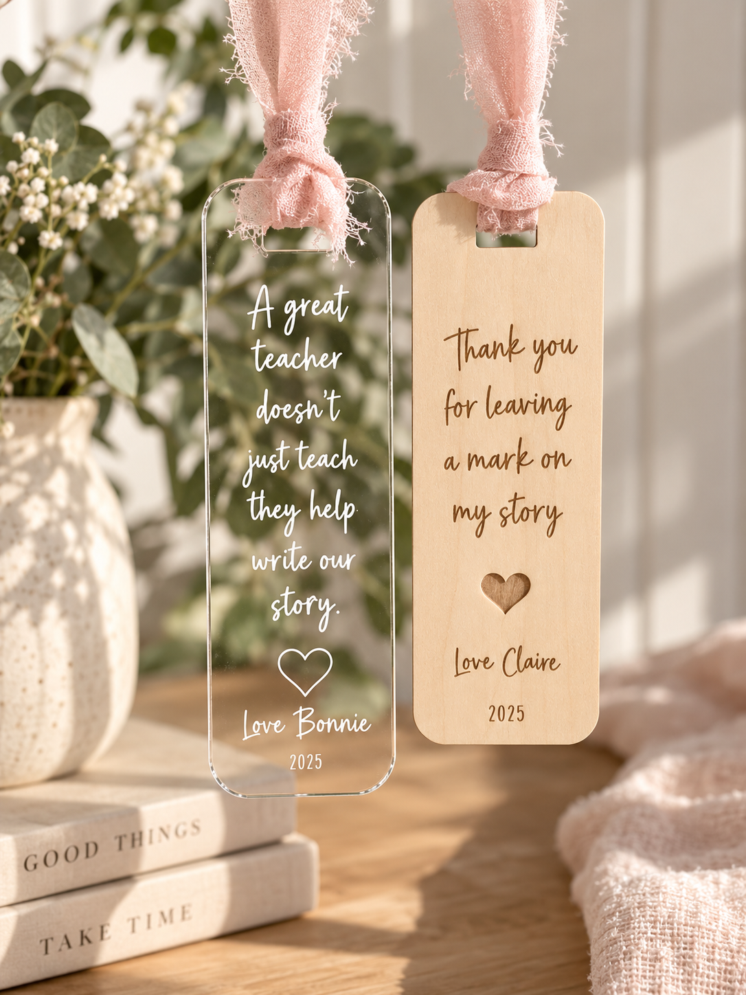 Engraved bookmarks with quote for teacher in a clear acrylic or timber finished, with child’s nane