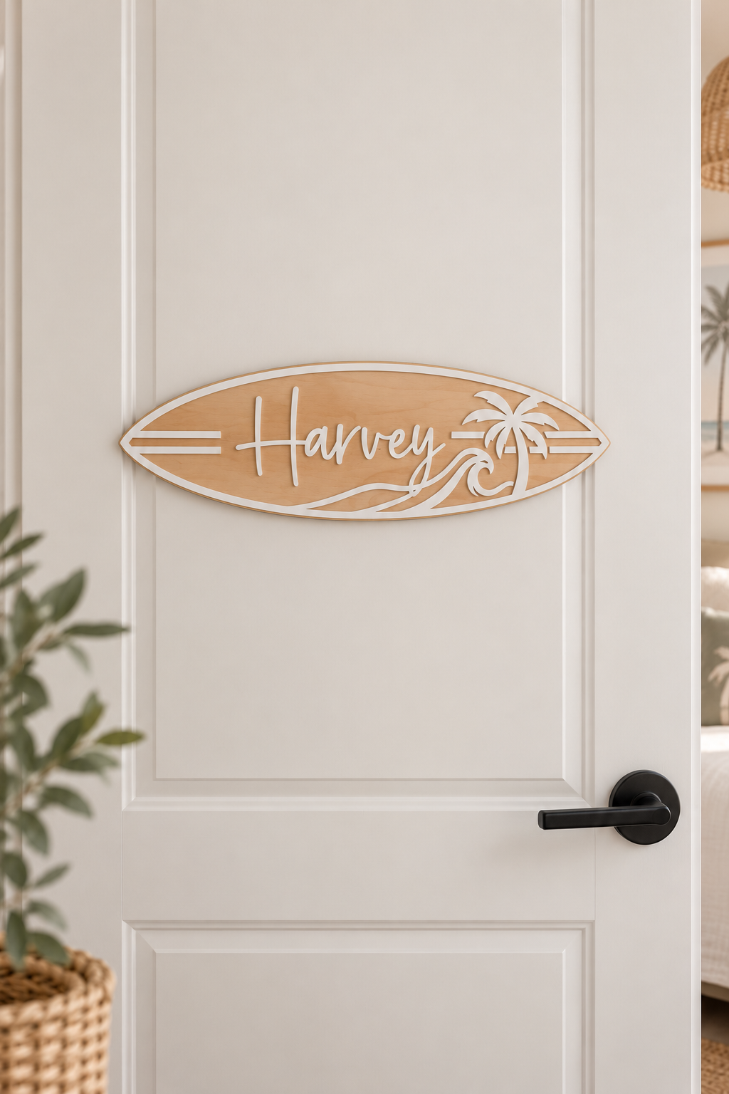 Personalised surfboard name sign on kids bedroom door with timber and white acrylic