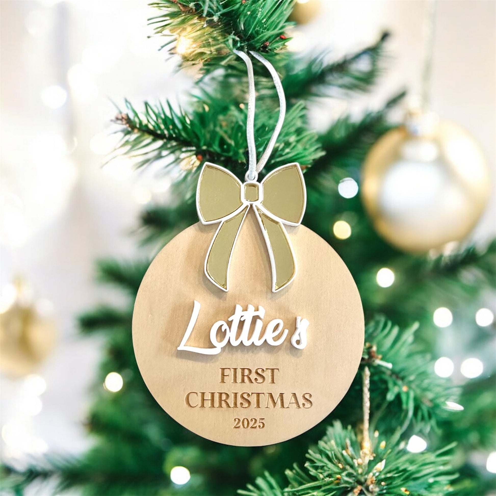 bow personalised my first christmas ornament timber