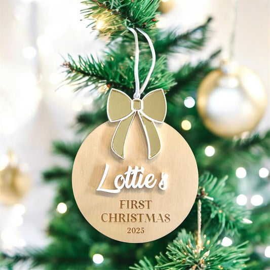 bow personalised my first christmas ornament timber