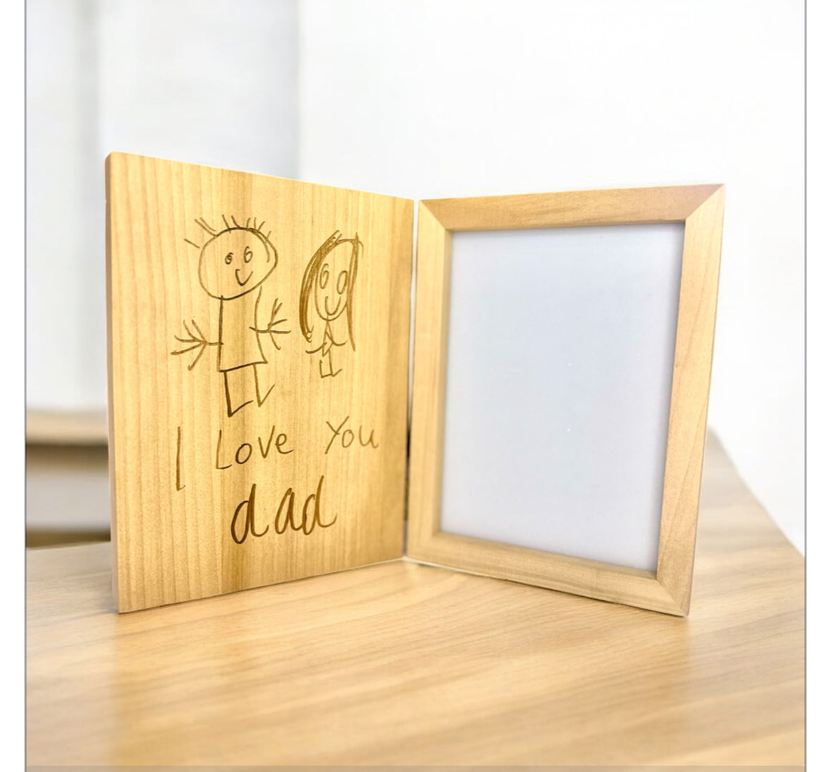 Timber photo frame with your own child's drawing for father's day